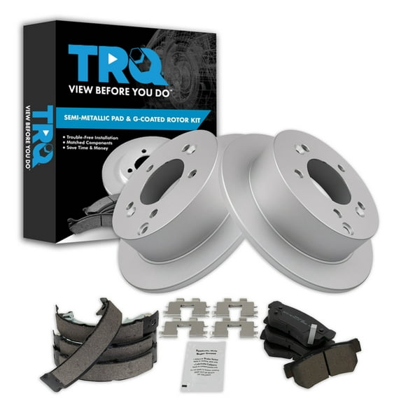 TRQ Rear Brake Pad & Rotor Kit Brake Pads Brake Rotor Parking Brake Shoe Set Semi-Metallic Fits Select 2001 Hyundai XG300 2002-2005 XG350 2006 Kia Optima