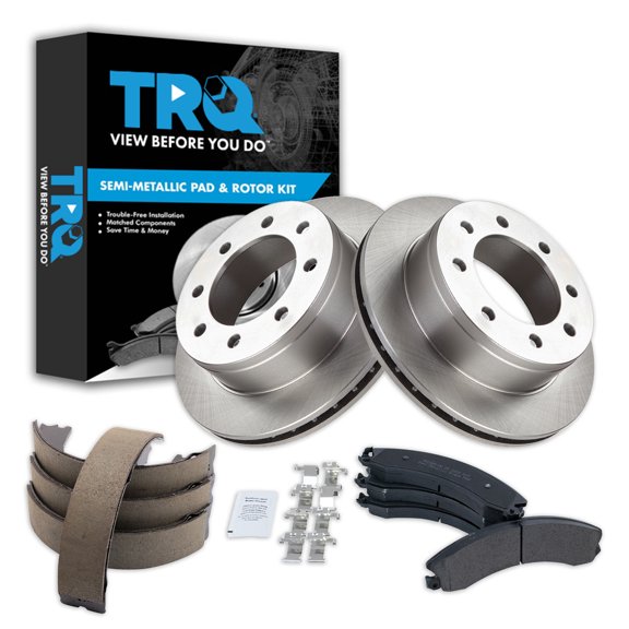 TRQ Rear Brake Pad & Rotor Kit Brake Pads Brake Rotor Parking Brake Shoe Set Semi-Metallic Fits Select 2009-2016 Chevrolet Express 3500 GMC Savana 3500