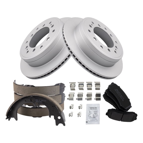 TRQ Rear Brake Pad & Rotor Kit Brake Pads Brake Rotor Parking Brake Shoe Set Semi-Metallic Premium G-Coated Fits Select 2016 Lexus GX460