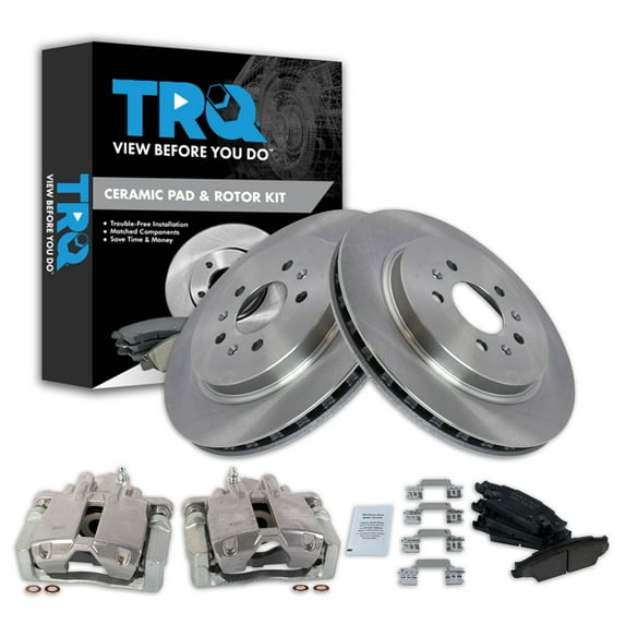 TRQ Rear Brake Pad & Rotor Kit Brake Caliper Brake Pads Brake Rotor Ceramic Fits Select 2006-2007 Cadillac CTS 2005-2011 STS