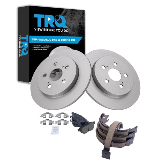 TRQ Rear Brake Pad & Rotor Kit Brake Pads Brake Rotor Parking Brake Shoe Set Semi-Metallic Premium G-Coated Fits Select 2009-2010 Pontiac Vibe 2009-2013 Toyota Matrix