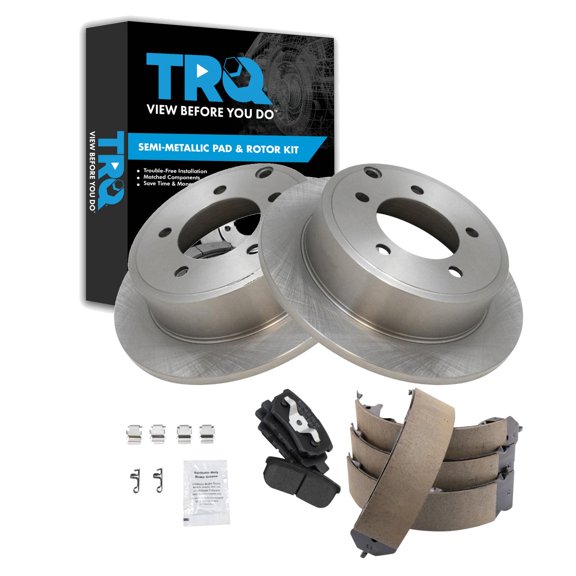 TRQ Rear Brake Pad & Rotor Kit Brake Pads Brake Rotor Parking Brake Shoe Set Semi-Metallic Fits Select 2014 Dodge Avenger