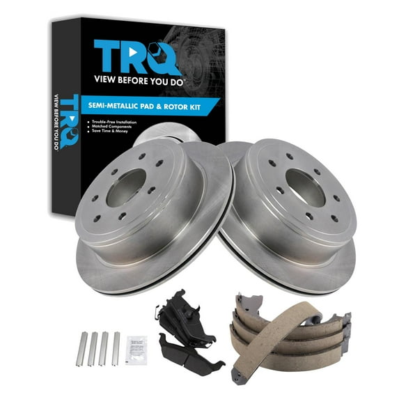 TRQ Rear Brake Pad & Rotor Kit Brake Pads Brake Rotor Parking Brake Shoe Set Semi-Metallic Fits Select 2009-2011 Ford F-150