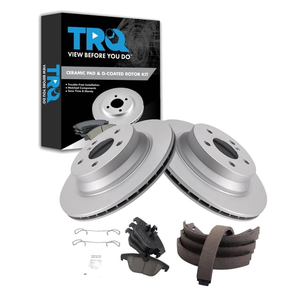 TRQ Rear Brake Pad & Rotor Kit Brake Pads Brake Rotor Parking Brake Shoe Set Ceramic Premium G-Coated Fits Select 2013-2014 Mercedes-Benz E350 2013-2015 GLK350
