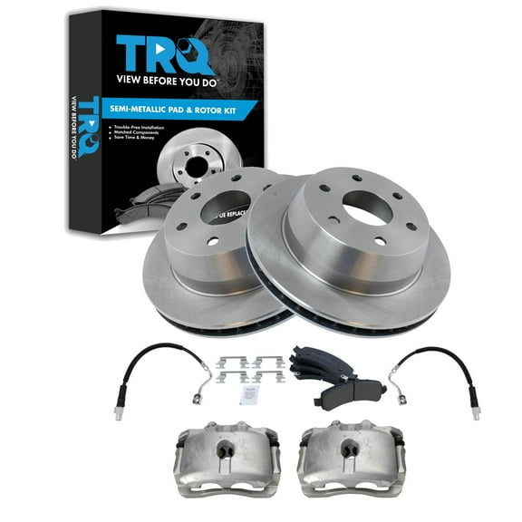 TRQ Rear Brake Pad & Rotor Kit Brake Caliper Brake Hose Brake Pads Brake Rotor Semi-Metallic Fits Select 2003-2009 Chevrolet Express 1500 2003-2013 GMC Savana 1500