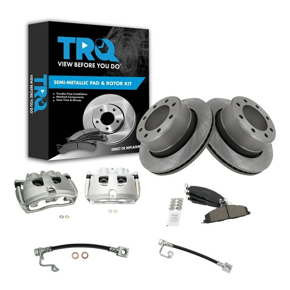 TRQ Rear Brake Pad & Rotor Kit Brake Caliper Brake Hose Brake Pads Brake Rotor Semi-Metallic Fits Select 2009-2010 Dodge Ram 2500 Ram 3500 2011-2013 Ram 2500 2011-2012 3500