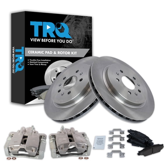 TRQ Rear Brake Pad & Rotor Kit Brake Caliper Brake Pads Brake Rotor Ceramic Fits Select 2006-2007 Cadillac CTS 2005-2011 STS