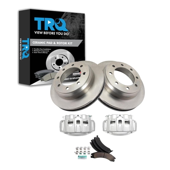 TRQ Rear Brake Pad & Rotor Kit Brake Caliper Brake Pads Brake Rotor Ceramic Fits Select 2008-2014 Ford E-150 E-250 2008-2019 E-350 Super Duty