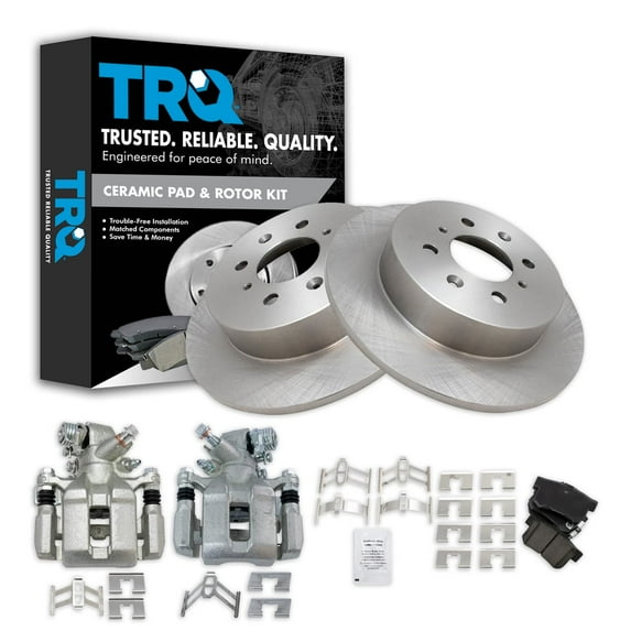TRQ Rear Brake Pad & Rotor Kit Brake Caliper Brake Pads Brake Rotor Ceramic Solid Fits Select 2002-2003 Honda Civic