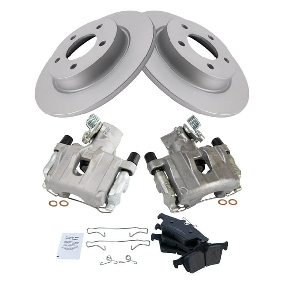 TRQ Rear Brake Pad & Rotor Kit Brake Caliper Brake Pads Brake Rotor Ceramic Solid Premium G-Coated Fits Select 2006-2008 Mazda 3