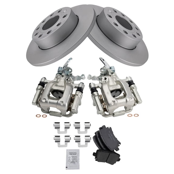 TRQ Rear Brake Pad & Rotor Kit Brake Caliper Brake Pads Brake Rotor Ceramic Solid Premium G-Coated Fits Select 2010 Audi A3 A3 Quattro
