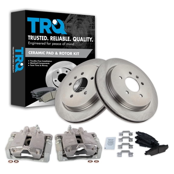 TRQ Rear Brake Pad & Rotor Kit Brake Caliper Brake Pads Brake Rotor Ceramic Vented Fits Select 2003-2007 Cadillac CTS 2005-2011 STS