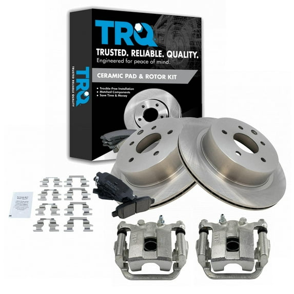 TRQ Rear Brake Pad & Rotor Kit Brake Caliper Brake Pads Brake Rotor Ceramic Vented Fits Select 2008-2013 Nissan Rogue 2014-2015 Rogue Select