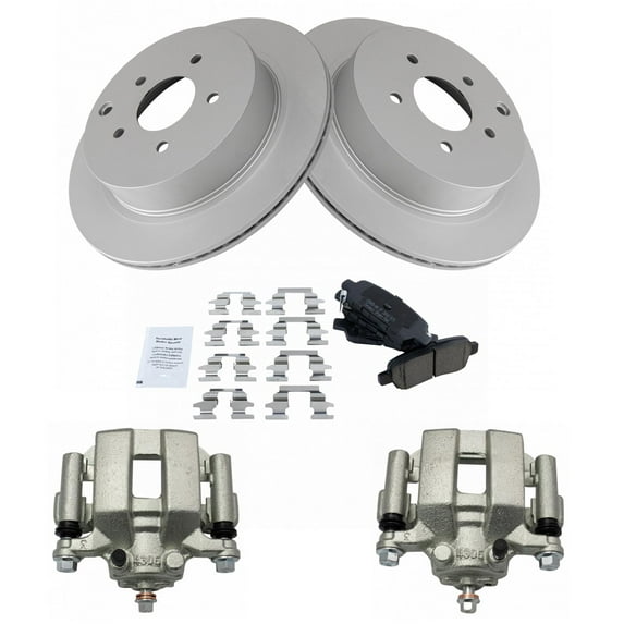 TRQ Rear Brake Pad & Rotor Kit Brake Caliper Brake Pads Brake Rotor Ceramic Vented Premium G-Coated Fits Select 2003-2007 Nissan Murano 2004-2009 Quest