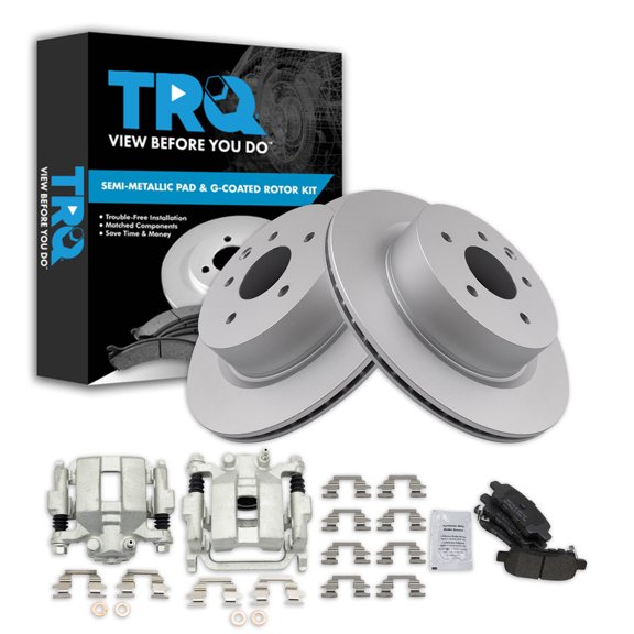 TRQ Rear Brake Pad & Rotor Kit Brake Caliper Brake Pads Brake Rotor Semi-Metallic Premium G-Coated Fits Select 2005-2007 INFINITI G35 2006-2009 M35 M45 Nissan 350Z