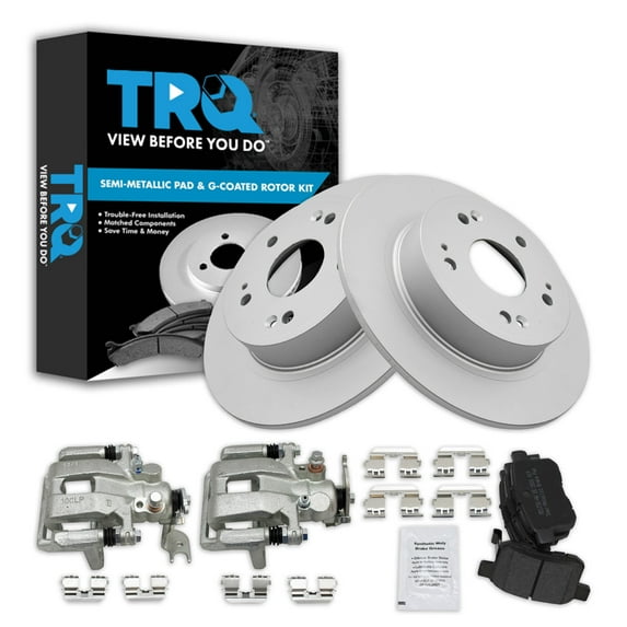 TRQ Rear Brake Pad & Rotor Kit Brake Caliper Brake Pads Brake Rotor Semi-Metallic Premium G-Coated Fits Select 2009-2014 Acura TSX 2008-2012 Honda Accord