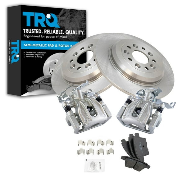 TRQ Rear Brake Pad & Rotor Kit Brake Caliper Brake Pads Brake Rotor Semi-Metallic Solid Fits Select 2005-2007 Ford Five Hundred Freestyle 2008-2009 Taurus Taurus X Mercury Montego Sable