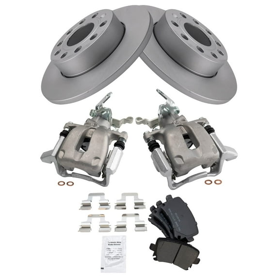 TRQ Rear Brake Pad & Rotor Kit Brake Caliper Brake Pads Brake Rotor Semi-Metallic Solid Premium G-Coated Fits Select 2010 Volkswagen Golf 2005-2010 Jetta 2006-2009 Rabbit