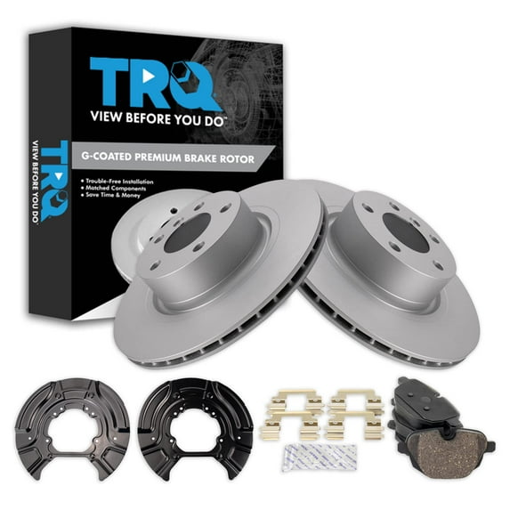 TRQ Rear Brake Pad & Rotor Kit Brake Pads Brake Rotor Brake Rotor Backing Plate Ceramic Premium G-Coated Fits Select 2011-2016 BMW X3 2015-2016 X4