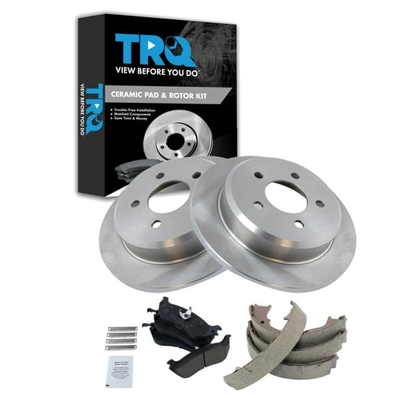 TRQ Rear Brake Pad & Rotor Kit Brake Pads Brake Rotor Parking Brake Shoe Set Ceramic Fits Select 1996-2002 Ford Crown Victoria Lincoln Town Car Mercury Grand Marquis