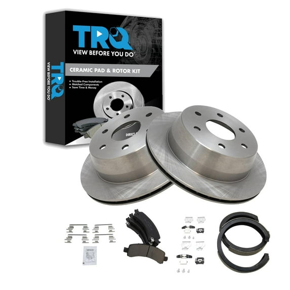TRQ Rear Brake Pad & Rotor Kit Brake Pads Brake Rotor Parking Brake Shoe Set Ceramic Fits Select 2002 Cadillac Escalade Chevrolet Avalanche 1500 Tahoe GMC Yukon Yukon XL 1500