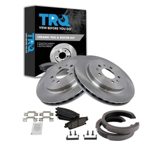 TRQ Rear Brake Pad & Rotor Kit Brake Pads Brake Rotor Parking Brake Shoe Set Ceramic Fits Select 2005-2008 Cadillac STS