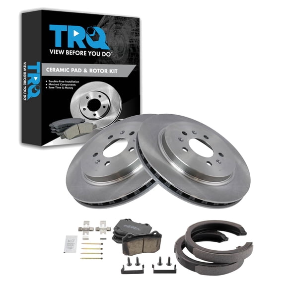 TRQ Rear Brake Pad & Rotor Kit Brake Pads Brake Rotor Parking Brake Shoe Set Ceramic Fits Select 2005-2008 Cadillac STS