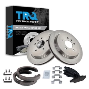 TRQ Rear Brake Pad & Rotor Kit Brake Pads Brake Rotor Parking Brake Shoe Set Ceramic Fits Select 2005-2008 Cadillac STS