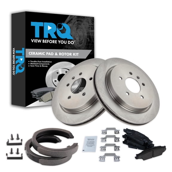 TRQ Rear Brake Pad & Rotor Kit Brake Pads Brake Rotor Parking Brake Shoe Set Ceramic Fits Select 2005-2008 Cadillac STS