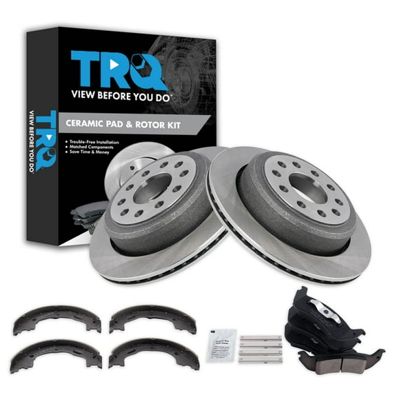 TRQ Rear Brake Pad & Rotor Kit Brake Pads Brake Rotor Parking Brake Shoe Set Ceramic Fits Select 2005-2011 Lincoln Town Car