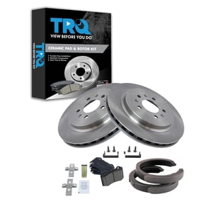 TRQ Rear Brake Pad & Rotor Kit Brake Pads Brake Rotor Parking Brake Shoe Set Ceramic Fits Select 2006-2008 Cadillac STS