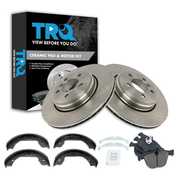 TRQ Rear Brake Pad & Rotor Kit Brake Pads Brake Rotor Parking Brake Shoe Set Ceramic Fits Select 2008-2010 BMW 535i 2004-2005 545i 2006-2010 550i 645Ci 2007-2010 650i