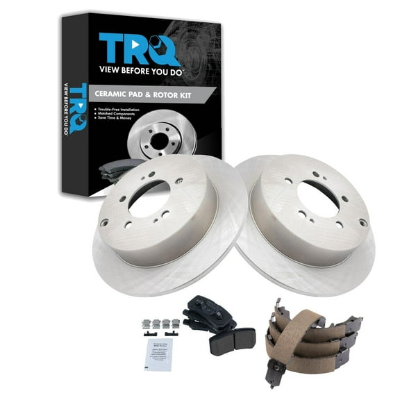 TRQ Rear Brake Pad & Rotor Kit Brake Pads Brake Rotor Parking Brake Shoe Set Ceramic Fits Select 2008-2011 Mitsubishi Outlander