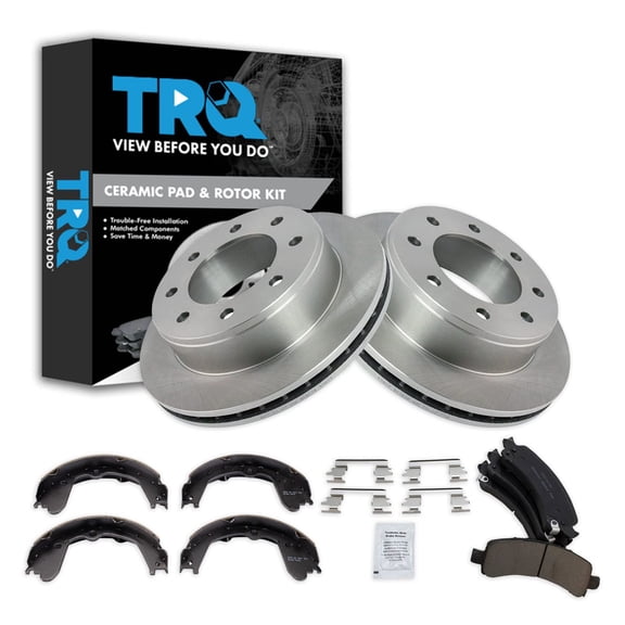 TRQ Rear Brake Pad & Rotor Kit Brake Pads Brake Rotor Parking Brake Shoe Set Ceramic Fits Select 2008-2019 Chevrolet Express 3500 GMC Savana 3500