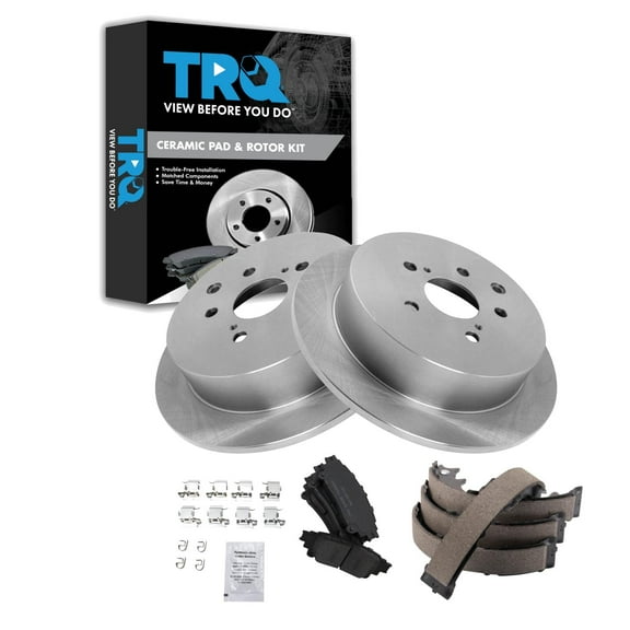TRQ Rear Brake Pad & Rotor Kit Brake Pads Brake Rotor Parking Brake Shoe Set Ceramic Fits Select 2010-2015 Lexus RX350 RX450h 2014-2019 Toyota Highlander 2011-2020 Sienna