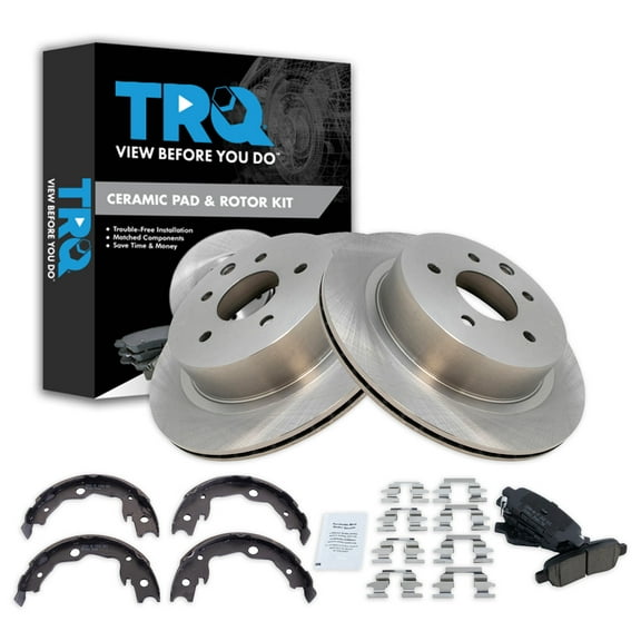 TRQ Rear Brake Pad & Rotor Kit Brake Pads Brake Rotor Parking Brake Shoe Set Ceramic Fits Select 2011-2022 Nissan LEAF 2008-2013 Rogue 2014-2015 Rogue Select