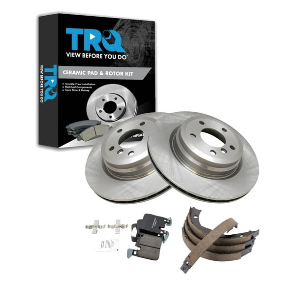 TRQ Rear Brake Pad & Rotor Kit Brake Pads Brake Rotor Parking Brake Shoe Set Ceramic Fits Select 2012-2013 BMW 335i 2013 335i xDrive