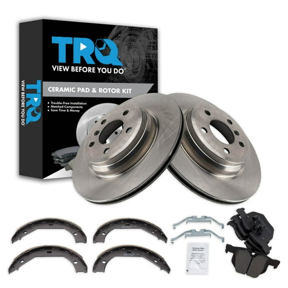 TRQ Rear Brake Pad & Rotor Kit Brake Pads Brake Rotor Parking Brake Shoe Set Ceramic Fits Select 2012-2013 BMW 335i 2013 335i xDrive