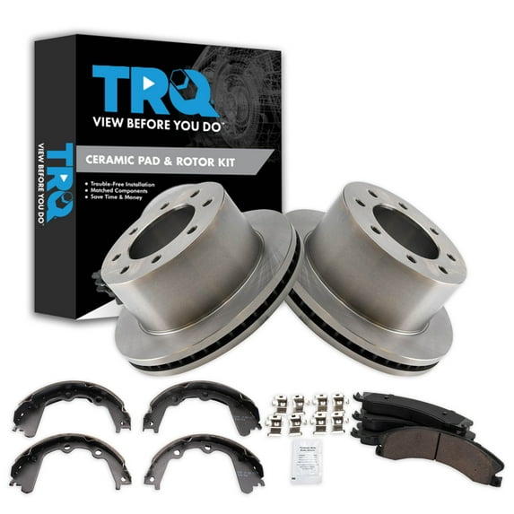 TRQ Rear Brake Pad & Rotor Kit Brake Pads Brake Rotor Parking Brake Shoe Set Ceramic Fits Select 2013-2017 Chevrolet Silverado 3500 HD GMC Sierra 3500 HD