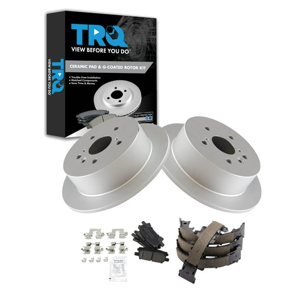 TRQ Rear Brake Pad & Rotor Kit Brake Pads Brake Rotor Parking Brake Shoe Set Ceramic Premium G-Coated Fits Select 2004-2006 Lexus RX330 2007-2009 RX350 2006-2008 RX400h 2004-2007 Toyota Highlander