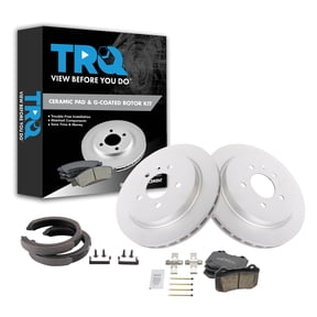 TRQ Rear Brake Pad & Rotor Kit Brake Pads Brake Rotor Parking Brake Shoe Set Ceramic Premium G-Coated Fits Select 2005-2008 Cadillac STS