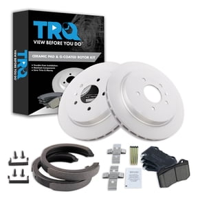 TRQ Rear Brake Pad & Rotor Kit Brake Pads Brake Rotor Parking Brake Shoe Set Ceramic Premium G-Coated Fits Select 2006-2008 Cadillac STS