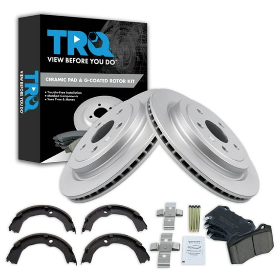 TRQ Rear Brake Pad & Rotor Kit Brake Pads Brake Rotor Parking Brake Shoe Set Ceramic Premium G-Coated Fits Select 2009-2014 Cadillac CTS
