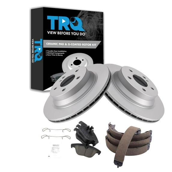 TRQ Rear Brake Pad & Rotor Kit Brake Pads Brake Rotor Parking Brake Shoe Set Ceramic Premium G-Coated Fits Select 2010-2014 Mercedes-Benz E350 2015 E400