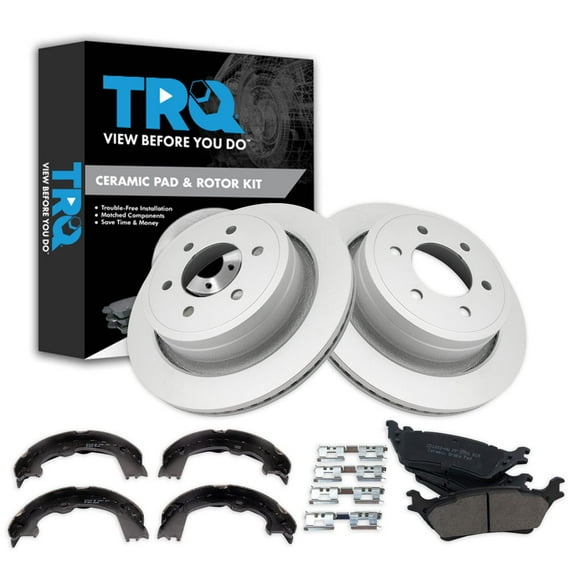 TRQ Rear Brake Pad & Rotor Kit Brake Pads Brake Rotor Parking Brake Shoe Set Ceramic Premium G-Coated Fits Select 2012-2018 Ford F-150