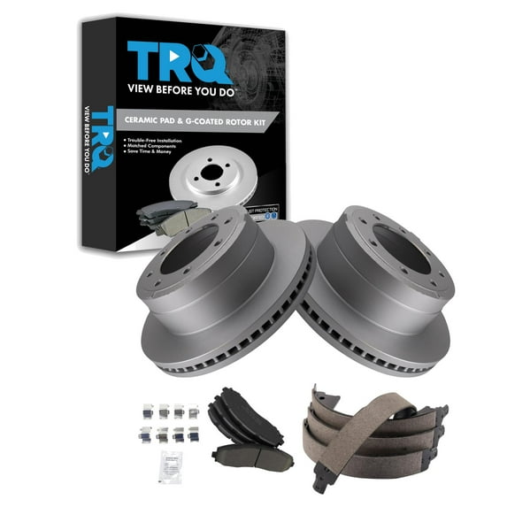 TRQ Rear Brake Pad & Rotor Kit Brake Pads Brake Rotor Parking Brake Shoe Set Ceramic Premium G-Coated Fits Select 2013-2021 Ford F-250 Super Duty F-350 Super Duty