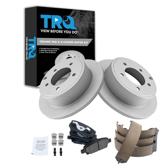 TRQ Rear Brake Pad & Rotor Kit Brake Pads Brake Rotor Parking Brake Shoe Set Ceramic Premium G-Coated Fits Select 2014 Dodge Avenger