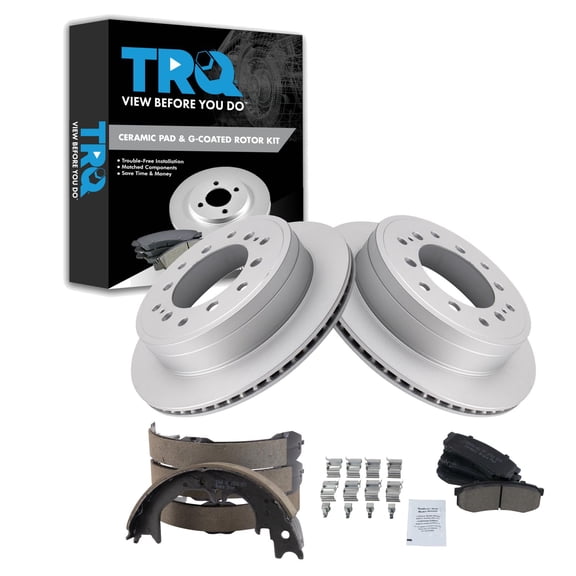 TRQ Rear Brake Pad & Rotor Kit Brake Pads Brake Rotor Parking Brake Shoe Set Ceramic Premium G-Coated Fits Select 2016 Lexus GX460