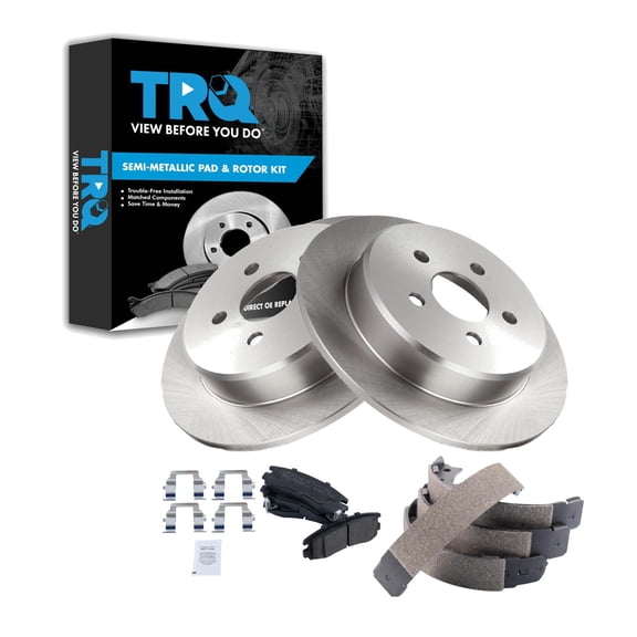 TRQ Rear Brake Pad & Rotor Kit Brake Pads Brake Rotor Parking Brake Shoe Set Semi-Metallic Fits Select 1999-2000 Chrysler Sebring