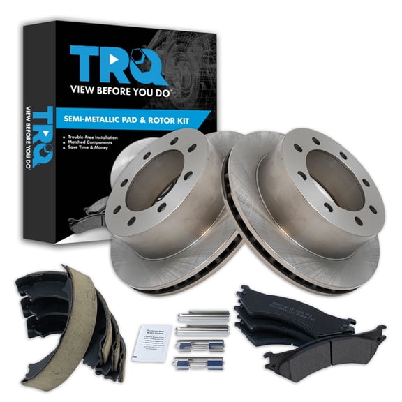 TRQ Rear Brake Pad & Rotor Kit Brake Pads Brake Rotor Parking Brake Shoe Set Semi-Metallic Fits Select 2003-2004 Ford E-250 1999-2002 E-250 Econoline